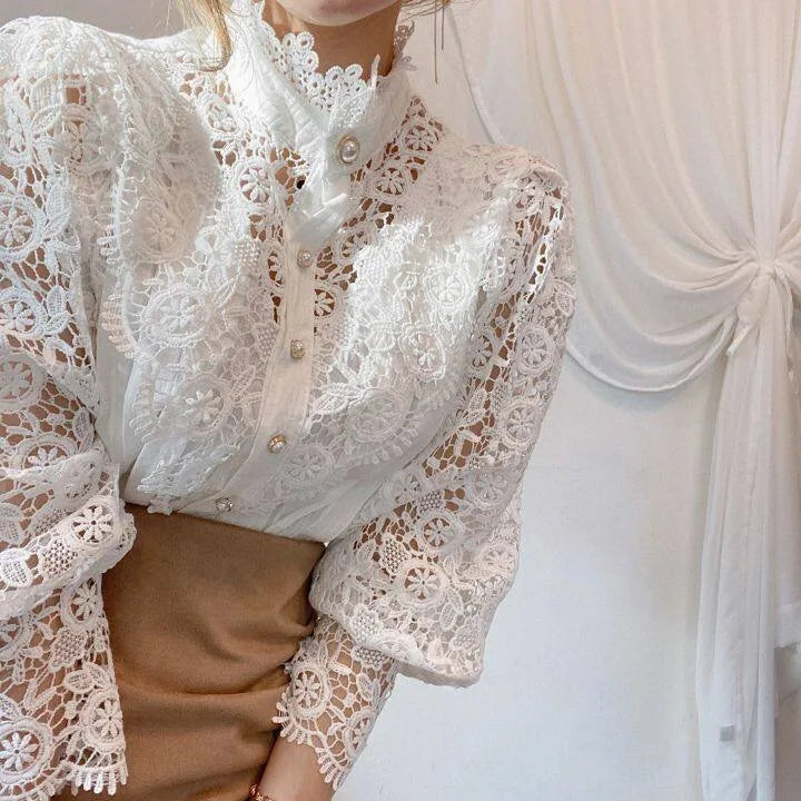 Women Chiffon Button Turtleneck Shirt .