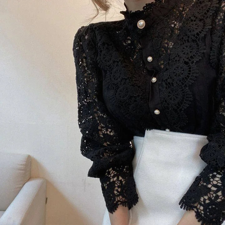 Women Chiffon Button Turtleneck Shirt .