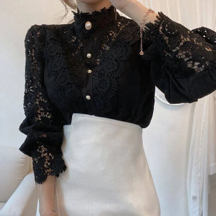 Women Chiffon Button Turtleneck Shirt .