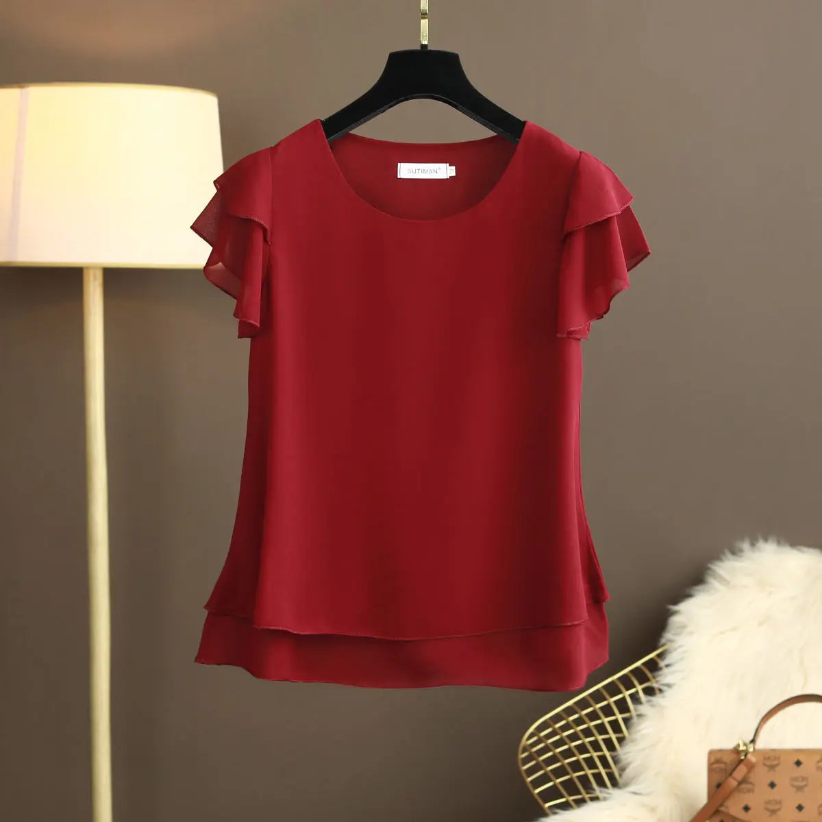 Women Blouse Loose O-Neck Chiffon Shirt