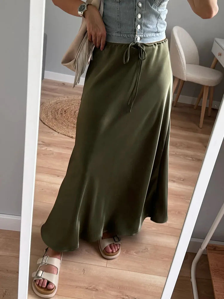 A Line Long Satin Skirts For Women.