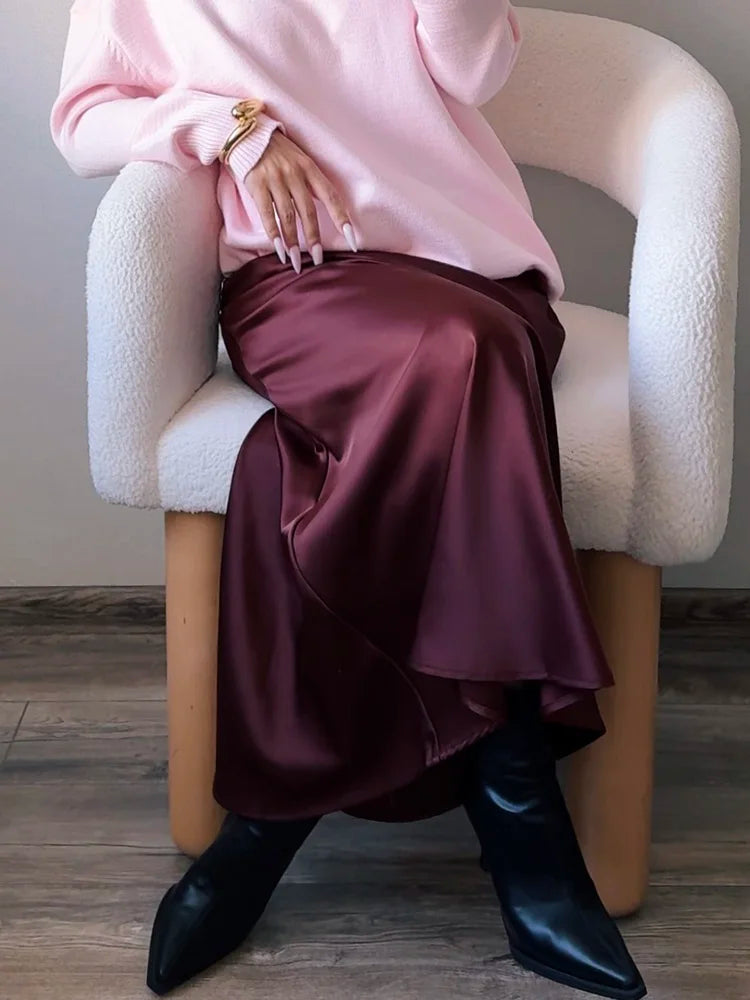 A Line Long Satin Skirts For Women.