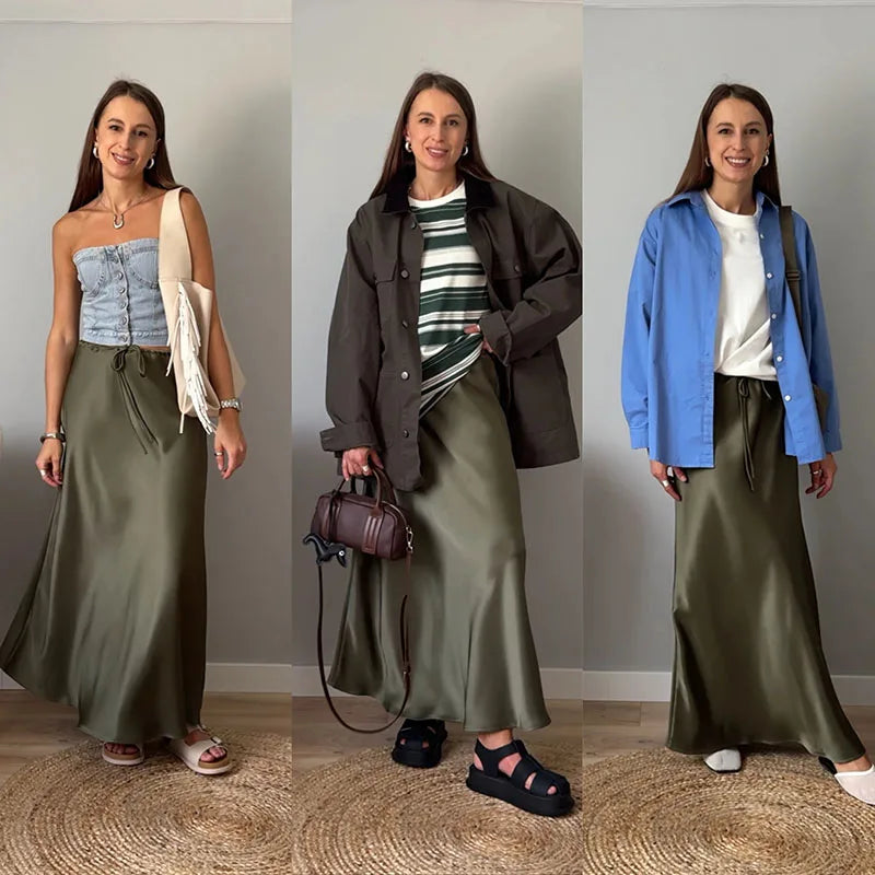 A Line Long Satin Skirts For Women.