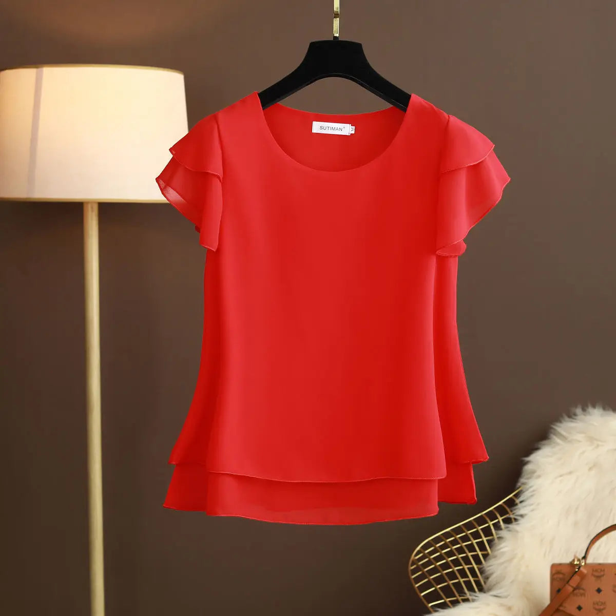 Women Blouse Loose O-Neck Chiffon Shirt